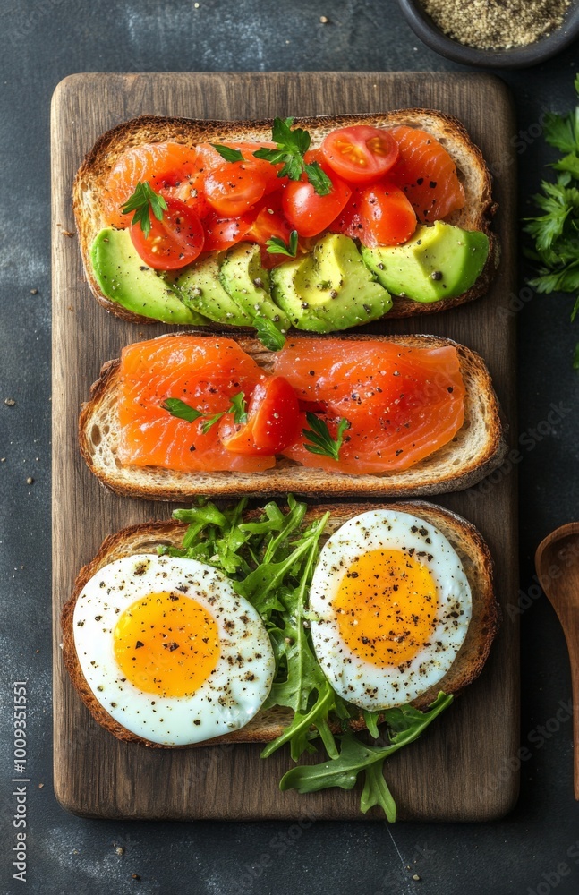 Toasted bread with avocado, eggs, and salmon served on a wooden board, concrete background