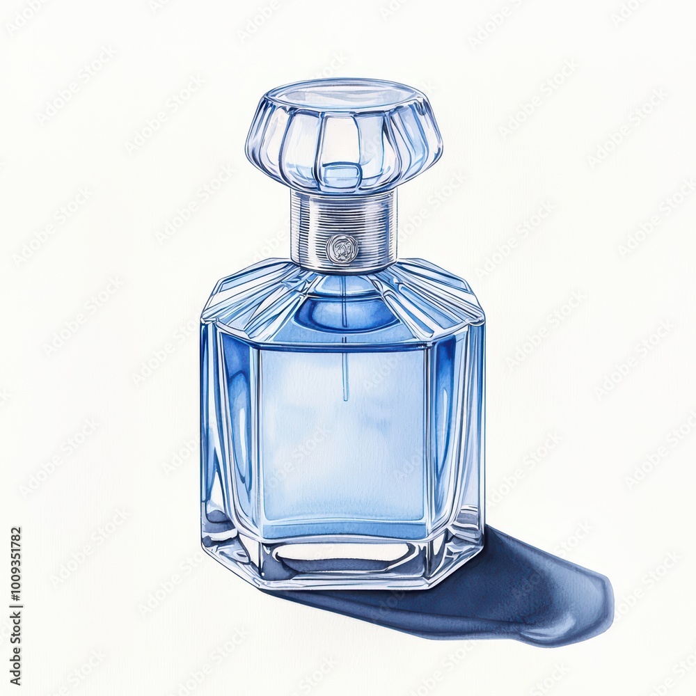 Elegant blue perfume bottle casting a soft shadow on a white background, embodying luxury and sophistication. Elegant blue perfume bottle casting a soft shadow on a white background, embodying luxury and sophistication.
