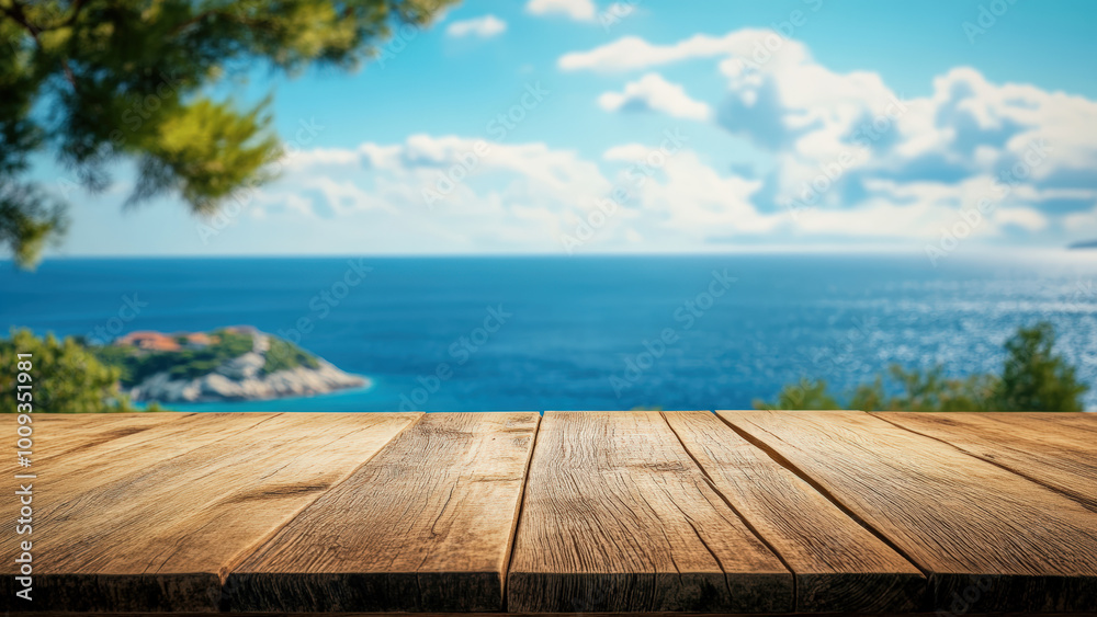 Wooden table overlooking a blue ocean with islands in the distance. Wooden table overlooking a blue ocean with islands in the distance.