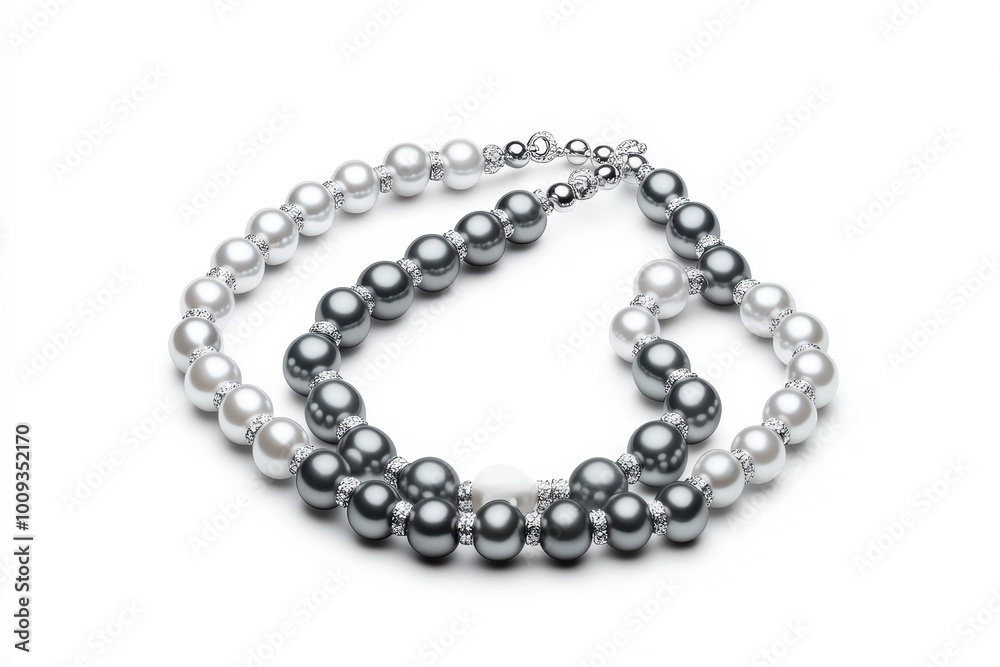 Fototapeta premium Elegant pearl necklace showcasing a blend of black and white pearls on a white isolated background.