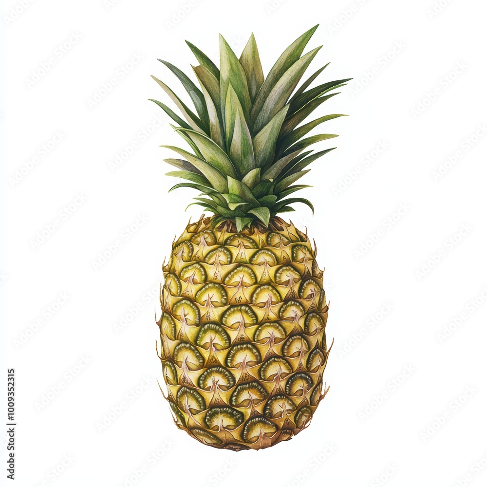 Fresh and ripe pineapple with green leaves on a white isolated background. Fresh and ripe pineapple with green leaves on a white isolated background.