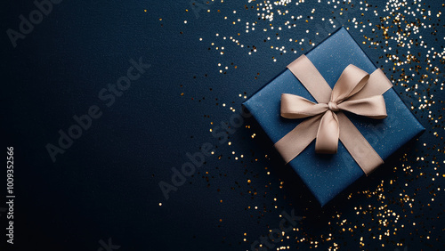 Blue gift box with a gold ribbon and gold confetti on a blue background.