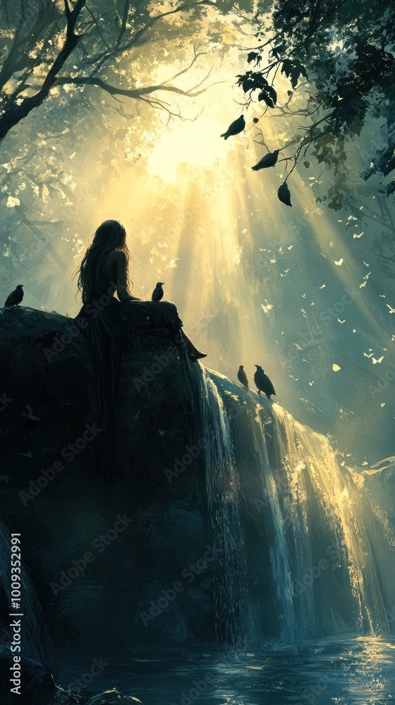 A serene scene of a waterfall with a figure sitting, surrounded by birds and sunlight. A serene scene of a waterfall with a figure sitting, surrounded by birds and sunlight.