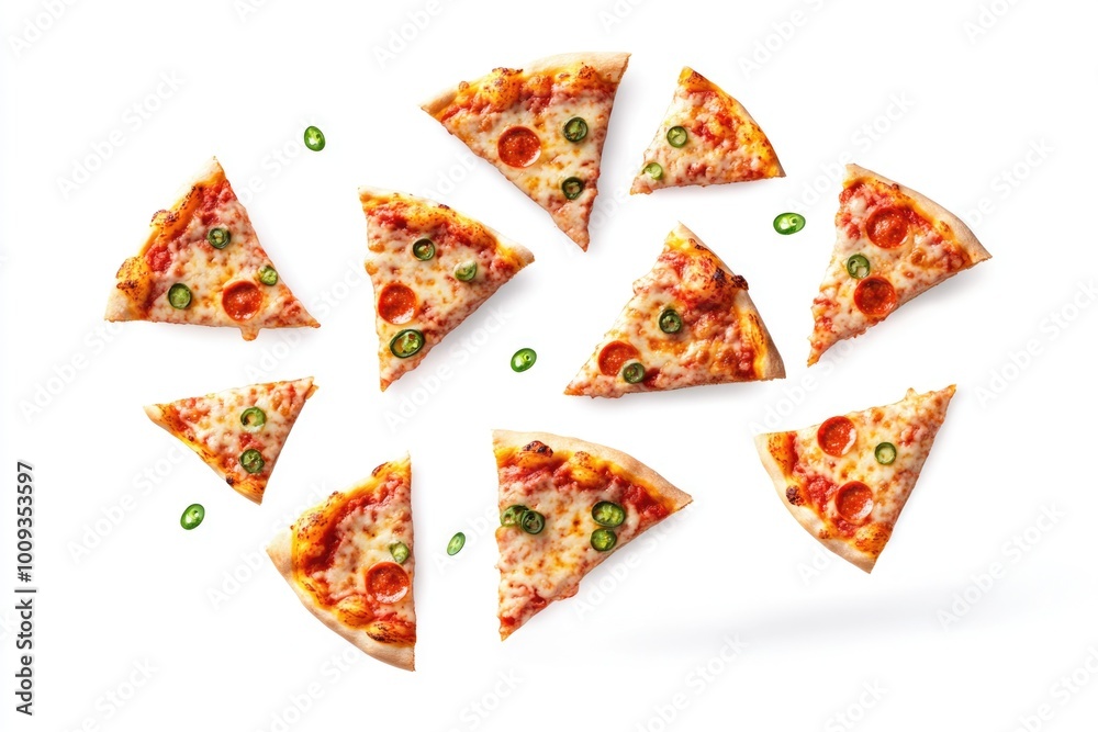 Freshly baked pizza slices topped with spicy pepperoni and crunchy jalapenos, perfect for snacking or serving at a party Freshly baked pizza slices topped with spicy pepperoni and crunchy jalapenos, perfect for snacking or serving at a party