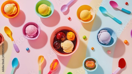 A colorful arrangement of ice cream scoops in bowls with spoons and candy on a pastel background.