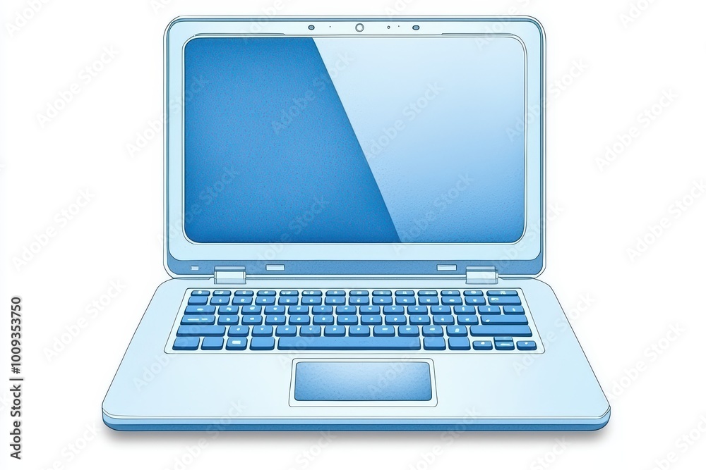 Laptop with a sleek design featuring a blue color scheme and reflective screen on a white isolated background. Laptop with a sleek design featuring a blue color scheme and reflective screen on a white isolated background.