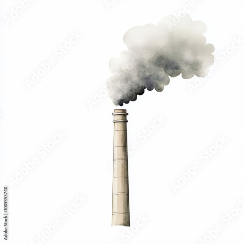 Industrial chimney emitting smoke, white isolated background.