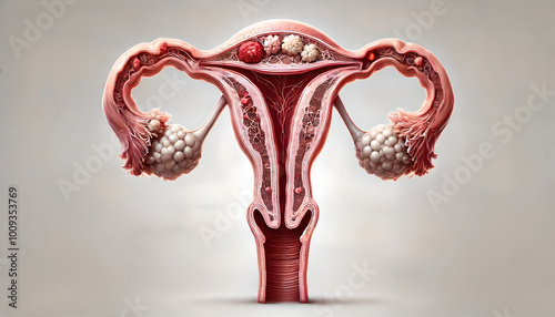 Uterine cancer. cross-section of uterus, layers endometrium, myometrium, cervix. Emphasize cancerous growths, tumors within endometrium, contrasting them with normal tissue. 