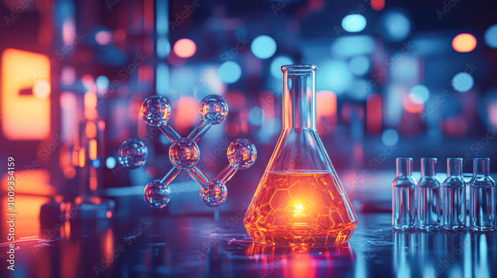 A glass beaker with a glowing object inside it is surrounded by other glassware A glass beaker with a glowing object inside it is surrounded by other glassware