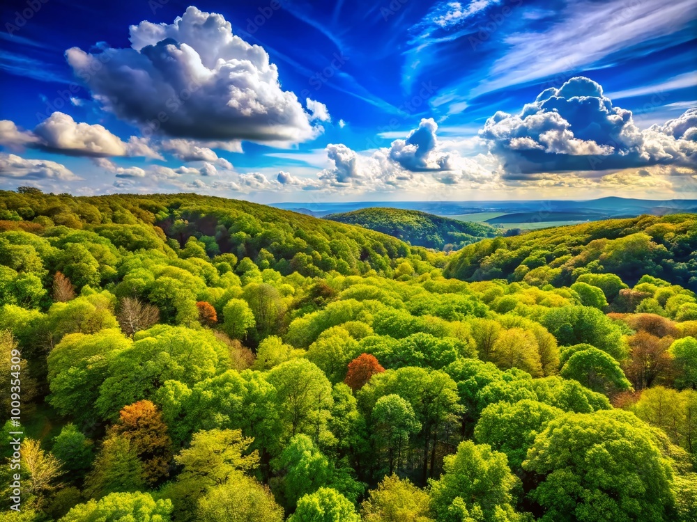 Fototapeta premium Lush Broadleaf Trees in a Serene Forest Landscape Under Bright Blue Sky During Sunny Daylight Hours