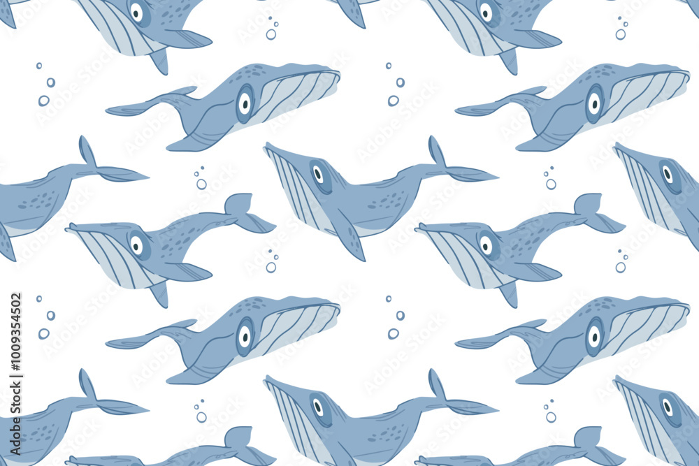 Cartoon pattern with blue and humpback whales on a white background, childish stylized illustration Cartoon pattern with blue and humpback whales on a white background, childish stylized illustration