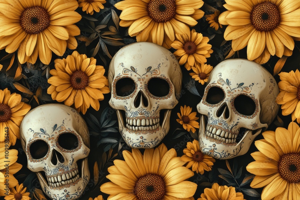 A group of skulls sitting amidst a field of colorful flowers A group of skulls sitting amidst a field of colorful flowers