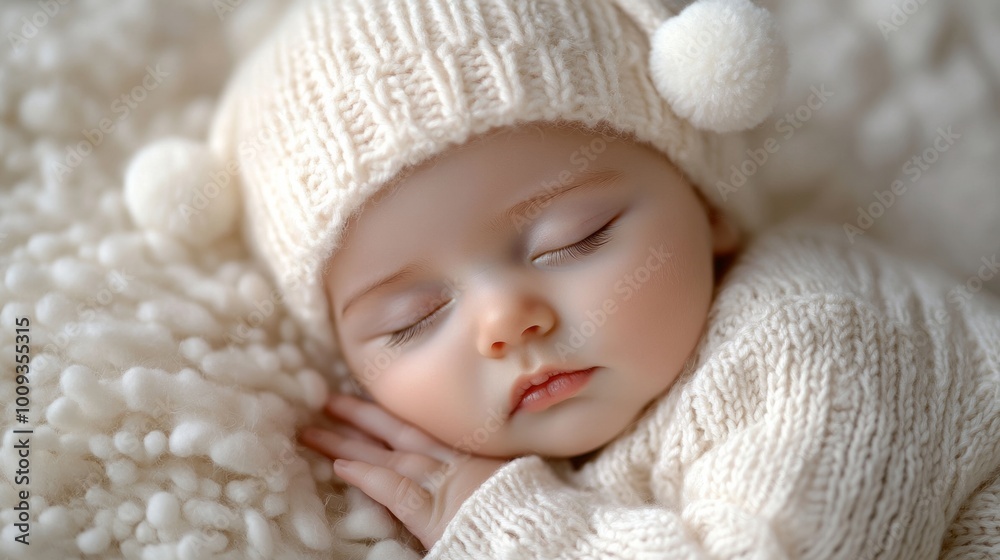 A close-up of a peaceful newborn baby sleeping in a cozy white knitted outfit and hat with pom-poms, nestled on a soft, fluffy blanket A close-up of a peaceful newborn baby sleeping in a cozy white knitted outfit and hat with pom-poms, nestled on a soft, fluffy blanket
