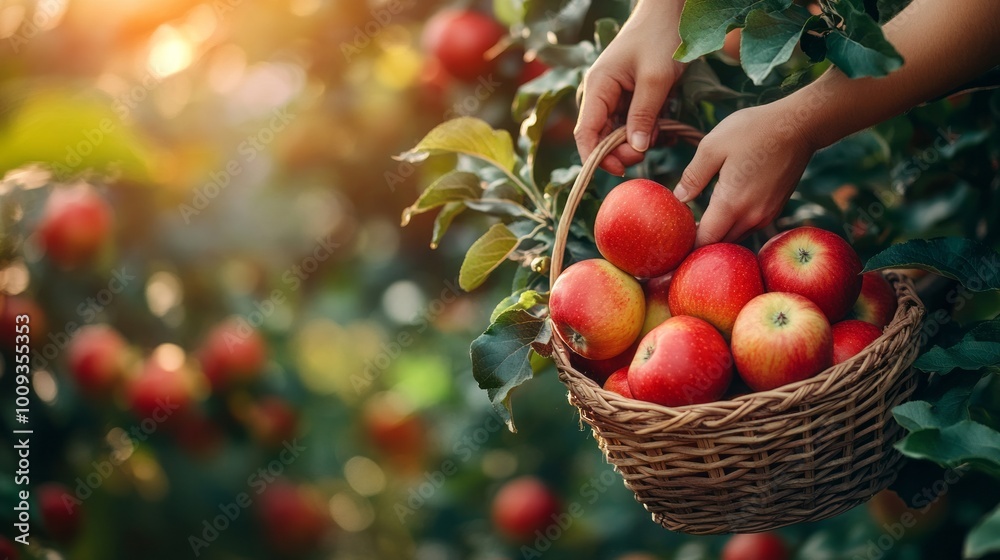 A basket full of red apples against a sunny orchard background, symbolizing harvest, health, and the beauty of fresh produce in nature A basket full of red apples against a sunny orchard background, symbolizing harvest, health, and the beauty of fresh produce in nature