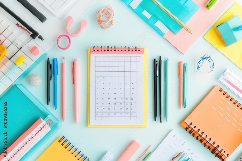 A colorful arrangement of stationery items on a desk, ideal for organization and planning. A colorful arrangement of stationery items on a desk, ideal for organization and planning.