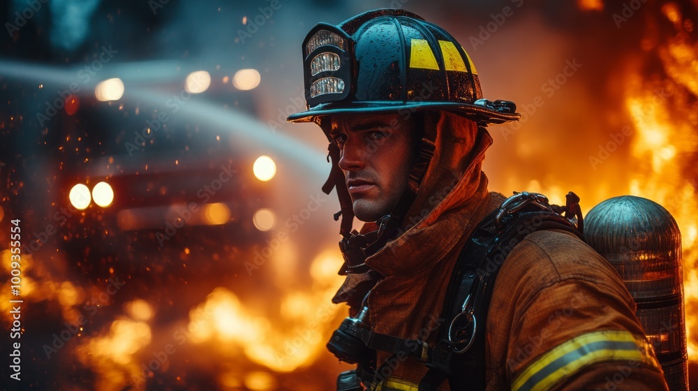 A dedicated firefighter in full gear, battling flames with a powerful hose, surrounded by smoke and a blazing building, with a fire truck in the background 