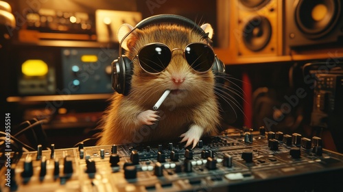 A cool hamster in a radio studio wearing headphones and sunglasses, with a cigarette in its mouth, surrounded by vintage audio equipment and dim studio lighting 
