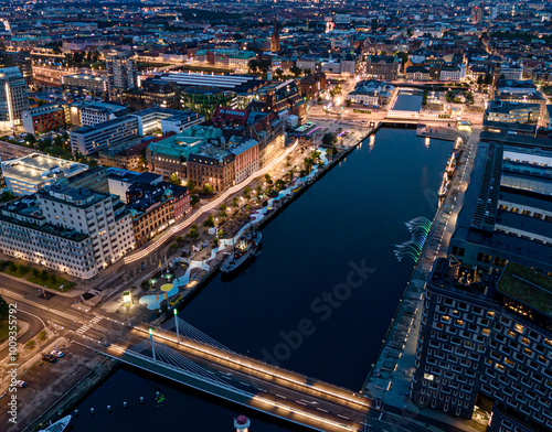 Arieal view of the city of Malmö at night