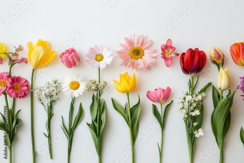 A colorful arrangement of various flowers displayed on a white background.