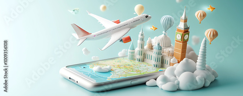 Realistic 3D elements of a plane soaring out of a phone screen, with maps and European landmarks like Big Ben floating around