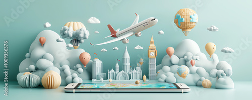 Realistic 3D elements of a plane soaring out of a phone screen, with maps and European landmarks like Big Ben floating around