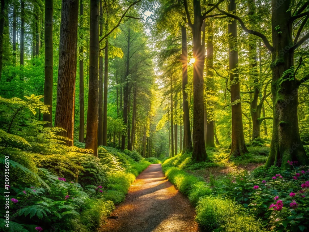 Fototapeta premium Lush Green Forest Pathway Surrounded by Tall Trees and Vibrant Flora in a Serene Natural Setting
