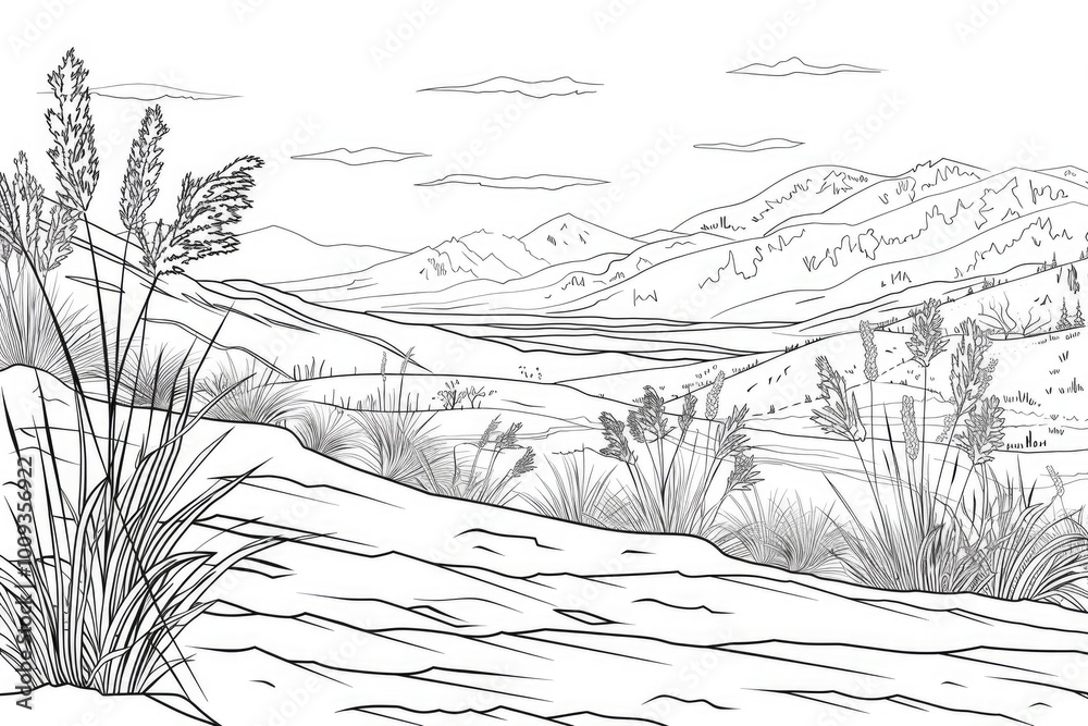 Fototapeta premium Coloring book illustration of a winter landscape in the foothills gently blanketed with snow and wild grasses