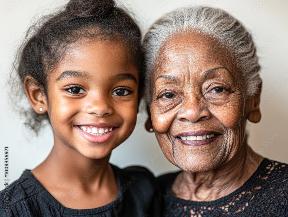 A young girl and an older woman are smiling at the camera A young girl and an older woman are smiling at the camera