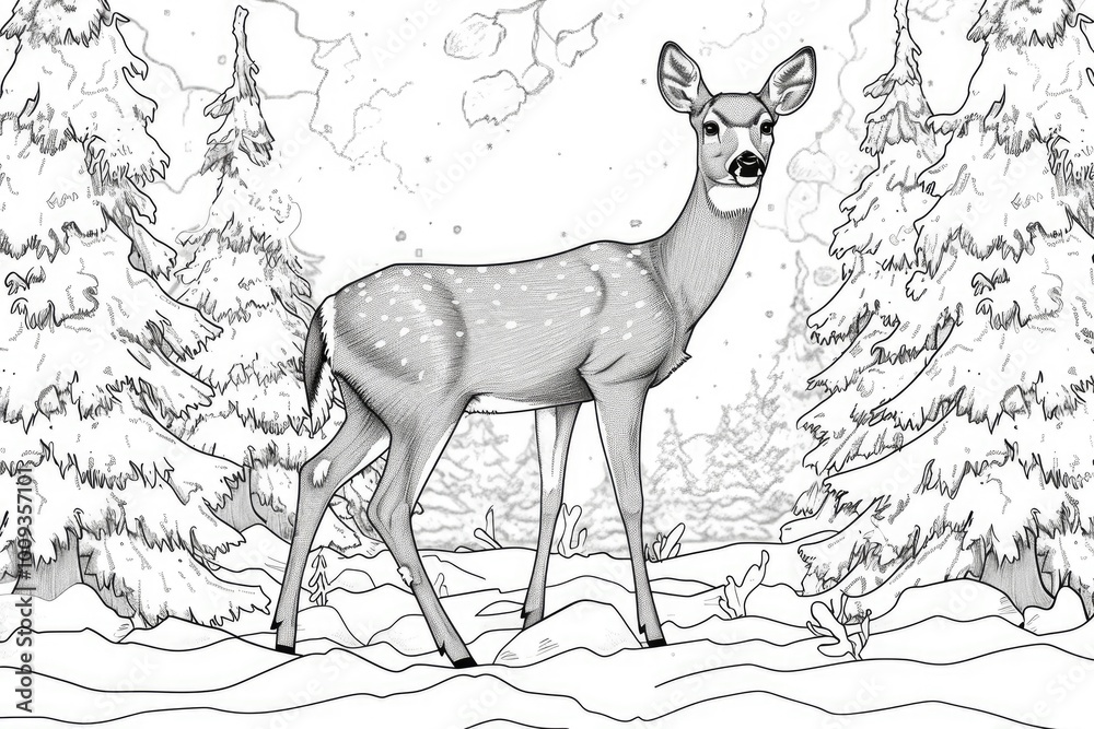 Coloring book illustration of a white tailed deer doe standing in snow surrounded by snow covered trees in a winter forest scene Coloring book illustration of a white tailed deer doe standing in snow surrounded by snow covered trees in a winter forest scene