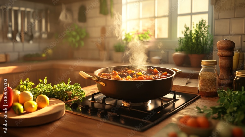 Cozy Kitchen Scene with Fresh Ingredients and Cooking Pot Cozy Kitchen Scene with Fresh Ingredients and Cooking Pot