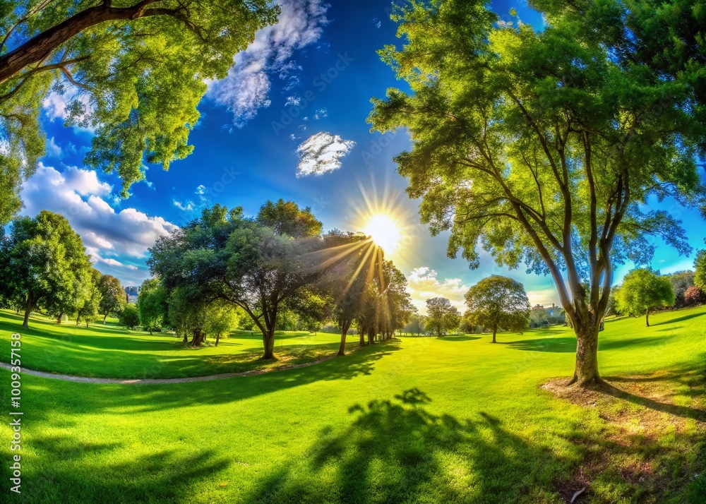 Naklejka premium Lush Green Grass in a Serene Park Setting with Trees and a Clear Blue Sky for Relaxation and