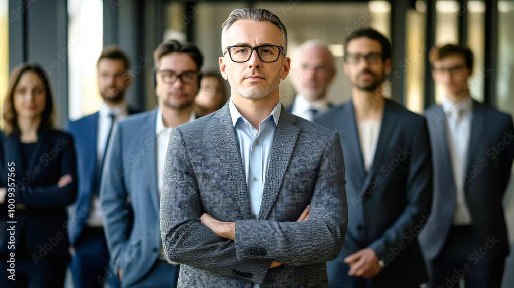 Business professionals standing confidently in a modern office, showcasing teamwork and leadership Business professionals standing confidently in a modern office, showcasing teamwork and leadership