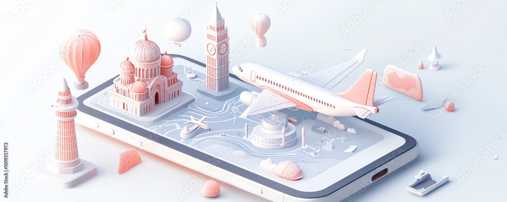 A plane taking off from a 3D phone screen, with floating maps and landmarks like Big Ben and the Leaning Tower of Pisa surrounding it