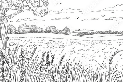Coloring book illustration of a serene field at dusk