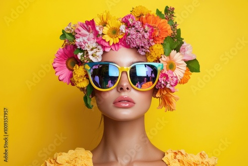 A woman wearing flowers in her hair and sunglasses, possibly on vacation or at a music festival