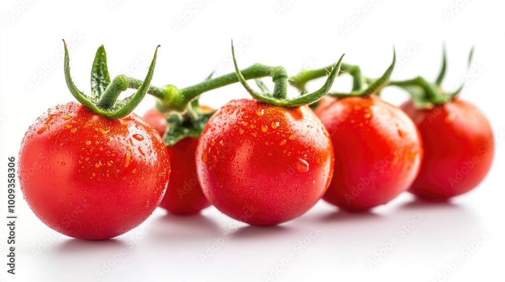 A group of fresh tomatoes sitting on a clean white surface