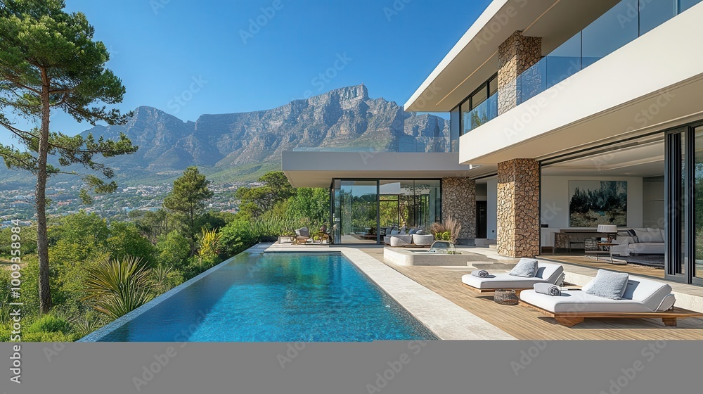 Fototapeta premium stunning residential villa showcasing minimalist modern architecture featuring a swimming pool with a breathtaking mountain view in the background epitomizing luxury living