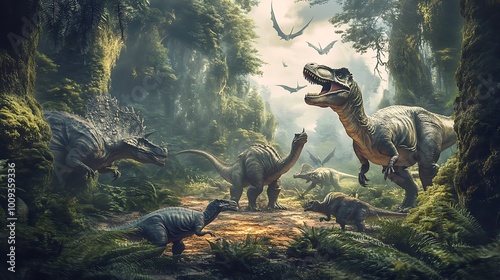 A herd of dinosaurs roam a lush prehistoric jungle, with a Tyrannosaurus Rex in the foreground.