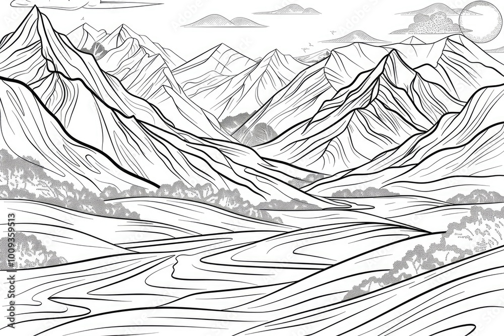 Coloring book illustration of a serene mountain landscape featuring valleys and peaks in a national park setting Coloring book illustration of a serene mountain landscape featuring valleys and peaks in a national park setting