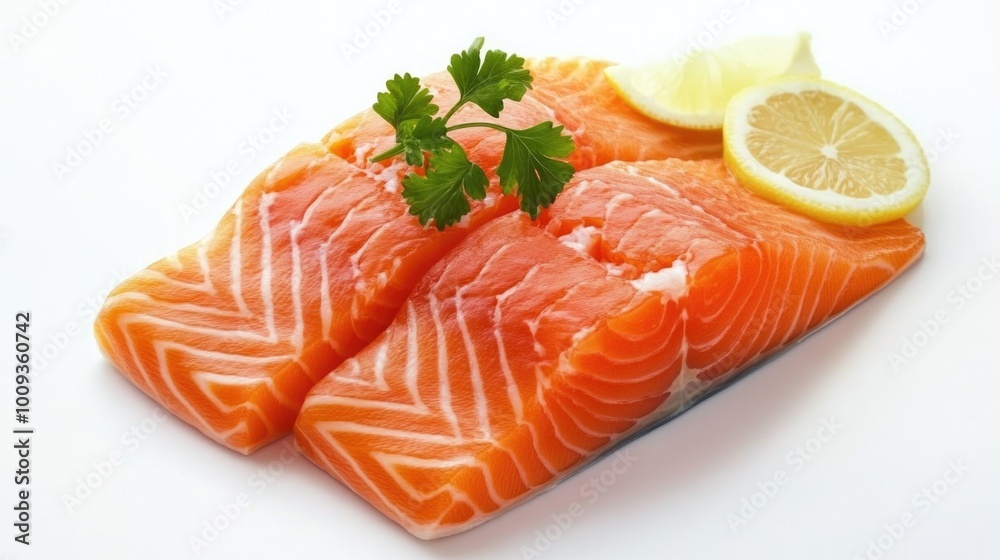 Fresh salmon fillets served with a slice of lemon, perfect for a healthy meal or appetizer Fresh salmon fillets served with a slice of lemon, perfect for a healthy meal or appetizer