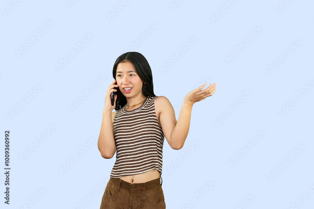 Excited Asian Student Girl gives expression hand fa gesture of sad, wow, happy, laughing in blue background Excited Asian Student Girl gives expression hand fa gesture of sad, wow, happy, laughing in blue background