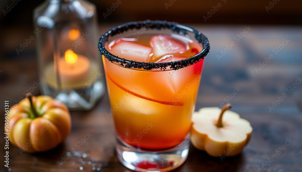 A vibrant Halloween cocktail garnished with black sugar rim, surrounded by decorative pumpkins and glitter. Perfect for festive celebrations and autumn parties.


