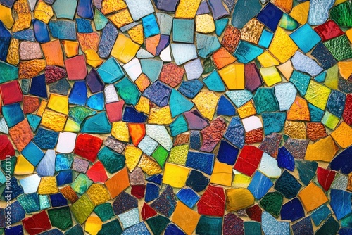 Close-up of a vibrant mosaic tile wall with intricate design and colors