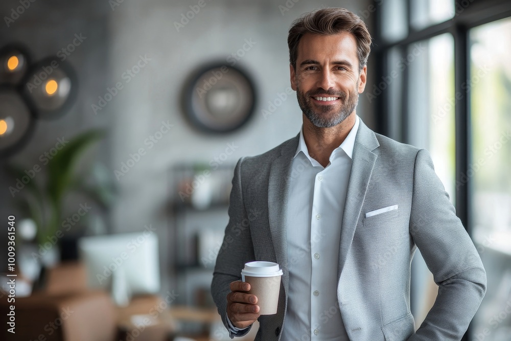 Businessman standing in office holding a coffee cup, Generative AI Businessman standing in office holding a coffee cup, Generative AI