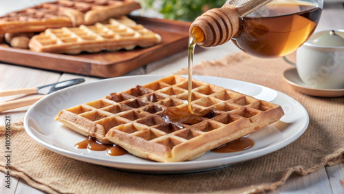 Golden waffles are served on a white plate while honey is being drizzled over them. A wooden board with more waffles is in the background, accompanied by a white cup. AI generated.