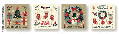 Festive Christmas Vector Card Set with Wreaths, Snowman, Stockings, and Holiday Decorations in a Minimalistic, Cozy Style. Perfect for Holiday Greetings and Seasonal Design Projects