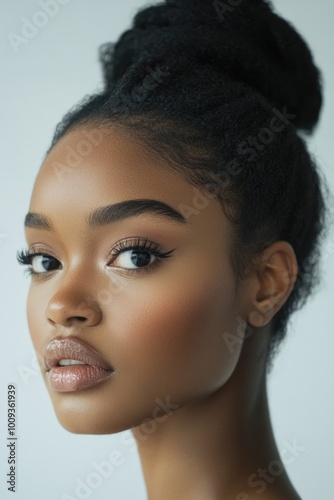 A portrait of a young adult female with black hair, focusing on her hairstyle photo