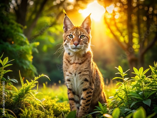 Majestic African Bobcat in Natural Habitat Surrounded by Lush Vegetation and Bright Sunlight photo