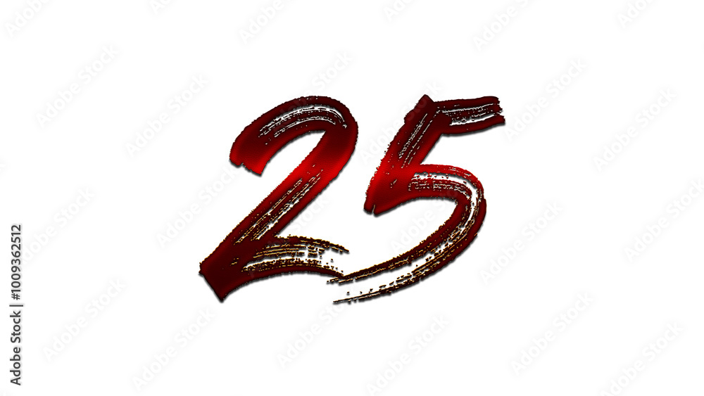3D blood red number design of 25 on white background.