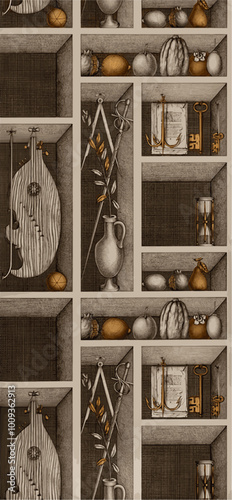  a surreal still life with a musical instrument, compass, sword, vase, book, key, hourglass, fruit, and a pumpkin in a grid of compartments.